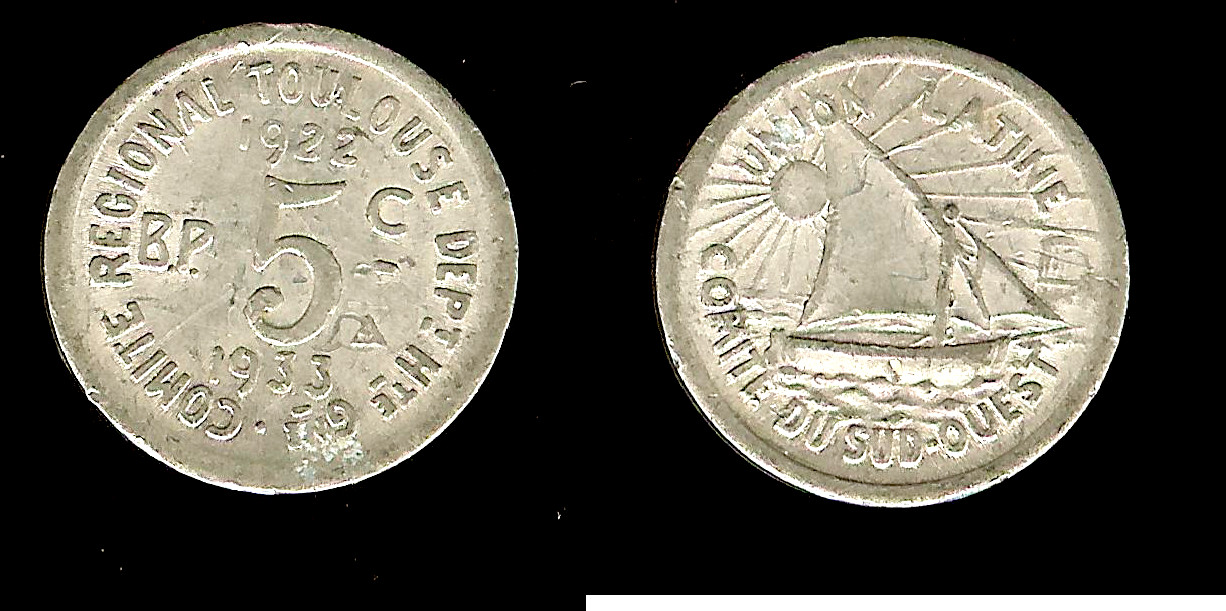 Toulouse Latin Union 5 centimes 1922/33 EF+